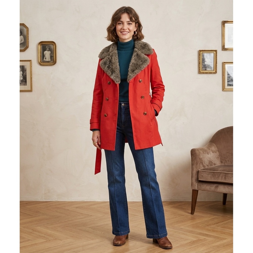 Vintage Lady Blair Rust Red double breasted Pea Coat with Faux Fur Collar SZ 10